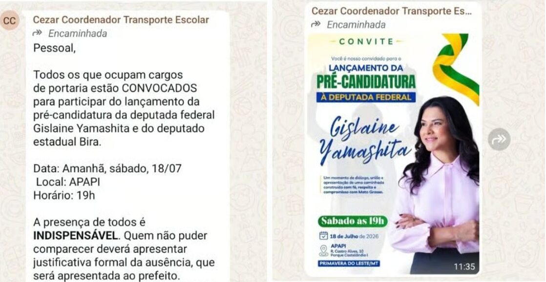 Mensagens com ordem para participação em ato de pré-candidatura geram repercussão em Primavera do Leste